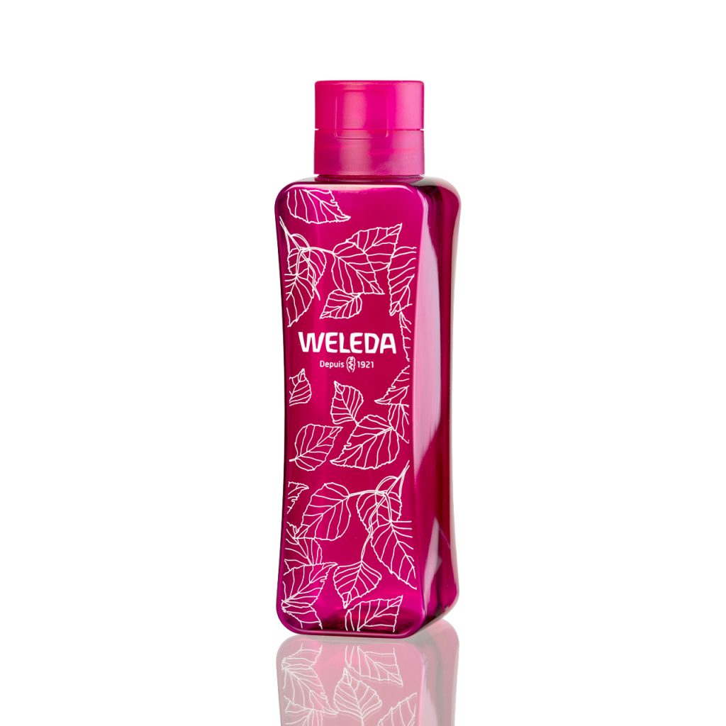 bouteille nomade rose en PET 100% recyclé fait pour Weleda