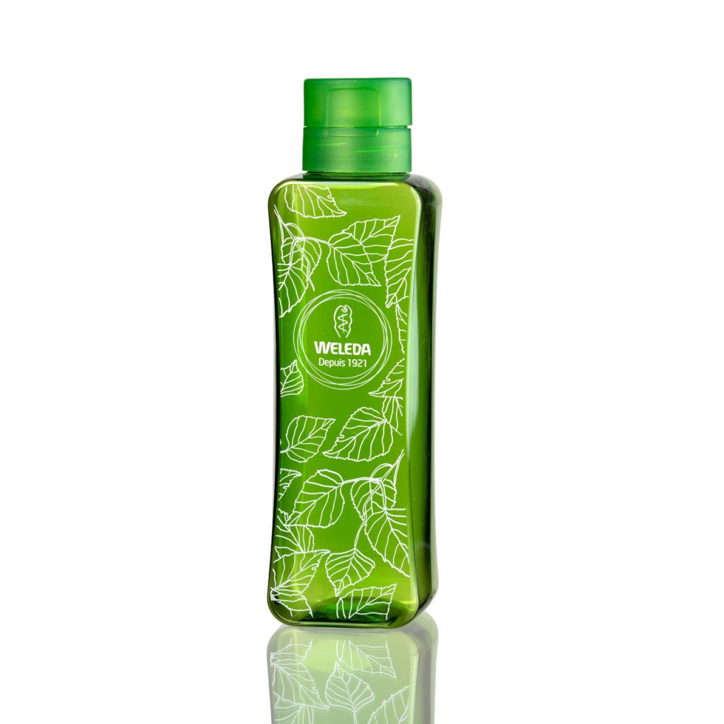bouteille nomade verte en PET 100% recyclé fait pour Weleda