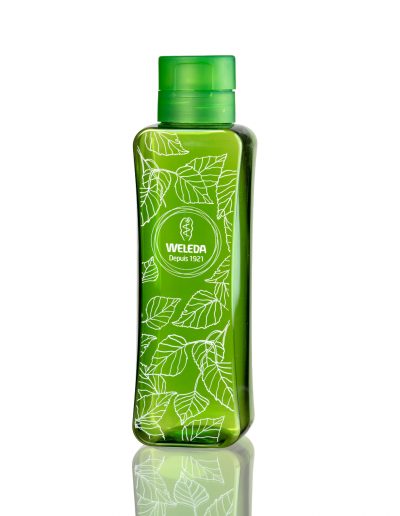 bouteille nomade verte en PET 100% recyclé fait pour Weleda