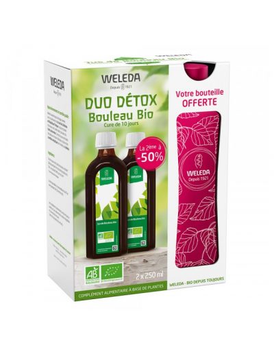 Pack jus de bouleau Weleda avec bouteille rose, fabriquée par Acquadri